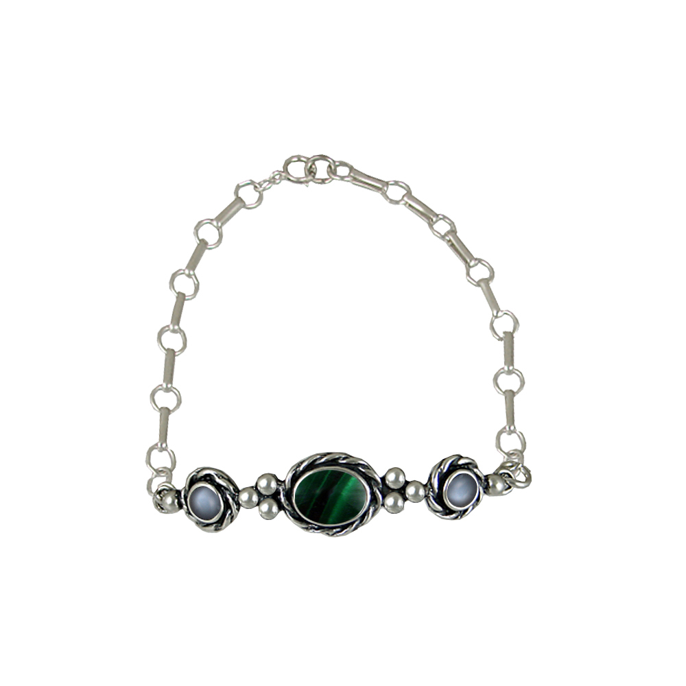 Sterling Silver Gemstone Adjustable Chain Bracelet With Malachite And Grey Moonstone
